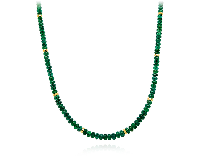 Emerald and gold bead necklace in 18k yellow gold.