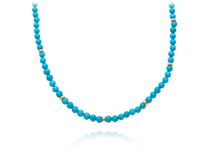 Turquoise beaded necklace in 18k yellow gold.
