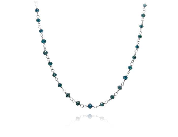 Blue beaded diamond necklace in 18k white gold.