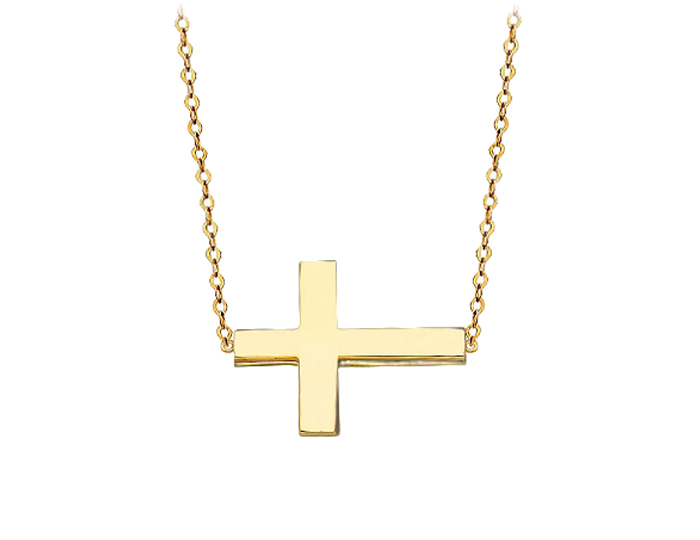 Sideways cross in 14k yellow gold.