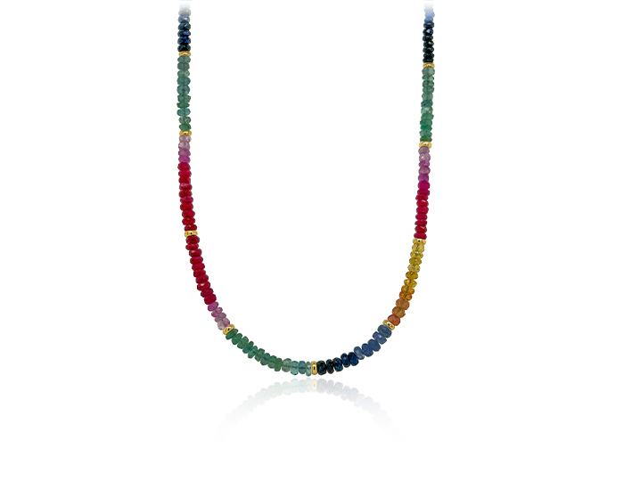 Ruby, emerald, sapphire and beaded necklace in 18k yellow gold.