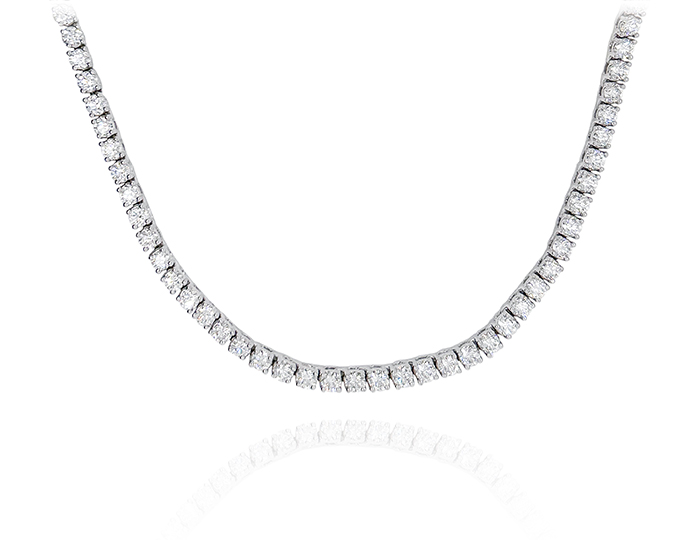 Round brilliant cut diamond tennis necklace in 18k white gold.