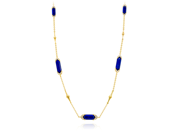Lapis and round brilliant cut diamond necklace in 18k yellow gold.