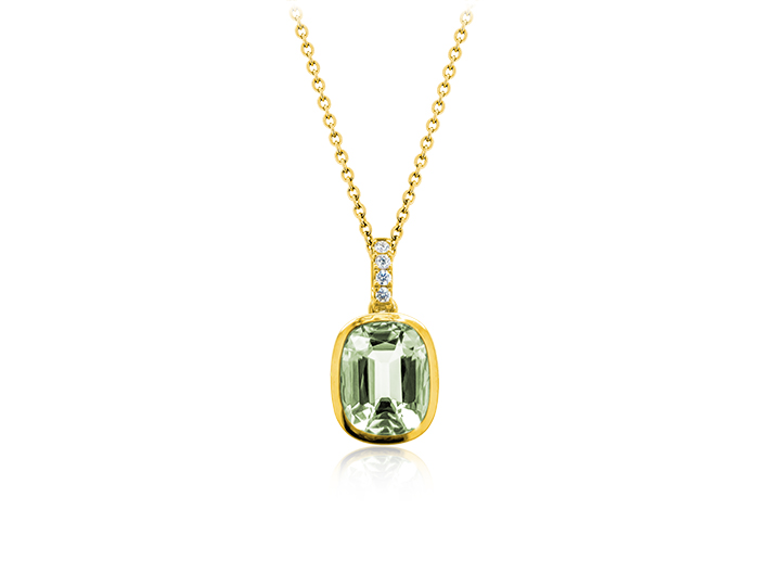 Cushion cut prasolite and round brilliant cut diamond pendant in 18k yellow gold.