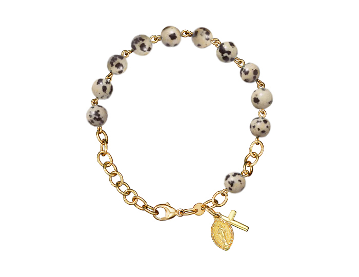 Handmade dalmatian jasper rosary bracelet in 18k white gold.