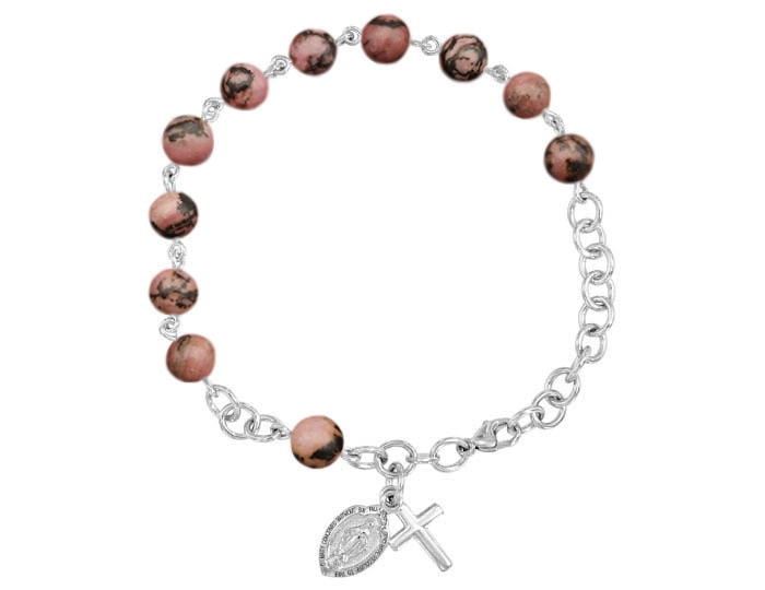 Handmade rhodonite rosary bracelet in 18k white gold.