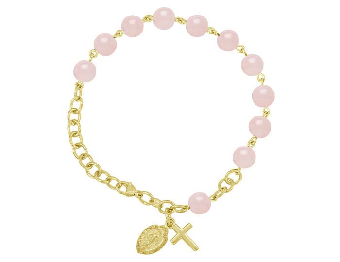 Handmade rose quartz rosary bracelet in 18k yellow gold.