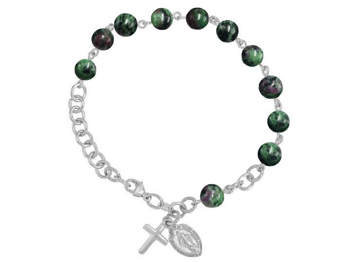 Handmade ruby zoisite rosary bracelet in 18k white gold.