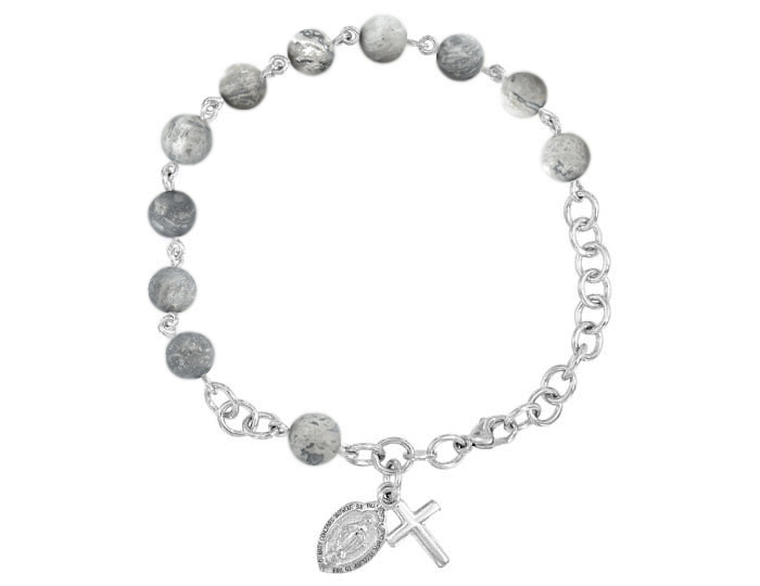 Handmade silver lace agate rosary bracelet in 18k white gold.