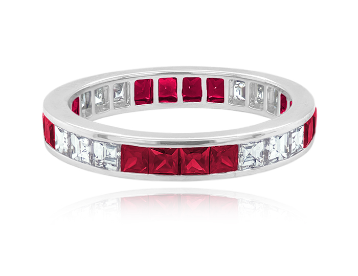 Ruby and square cut diamond ring in 18k white gold.