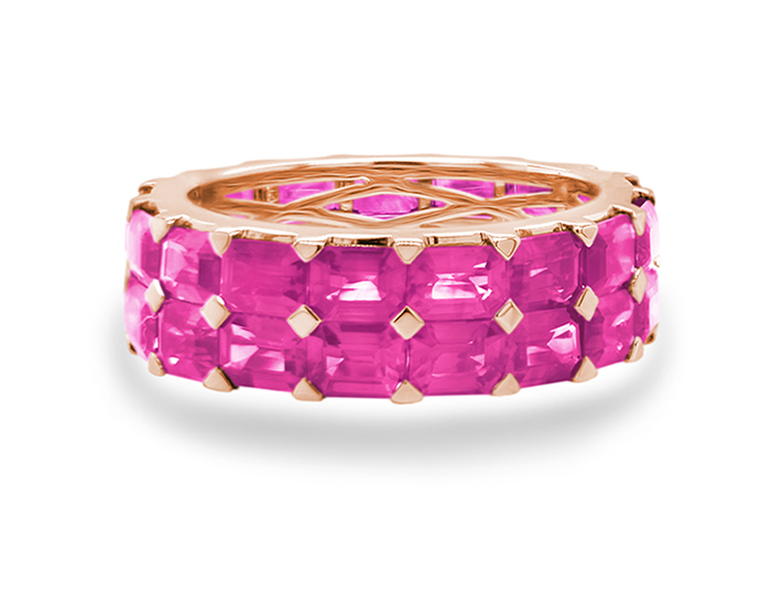 Emerald cut pink sapphire ring in 18k rose gold.