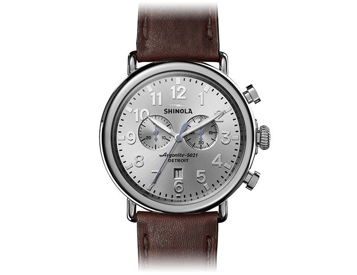 Shinola Runwell 47mm stainless steel leather strap watch.