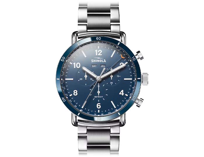 Shinola Canfield Sport 45mm stainless steel polish and brush finish bracelet strap watch.