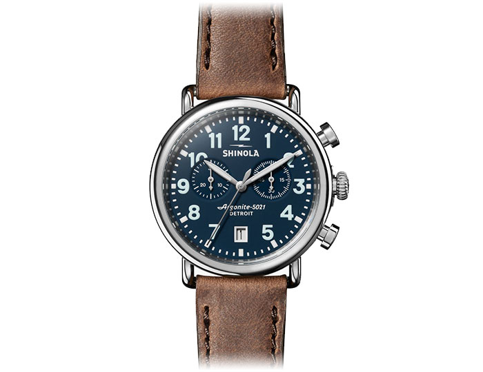 Shinola Runwell 41mm stainless steel leather strap watch.