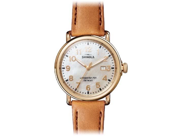 Shinola Runwell 41mm tan leather strap watch.