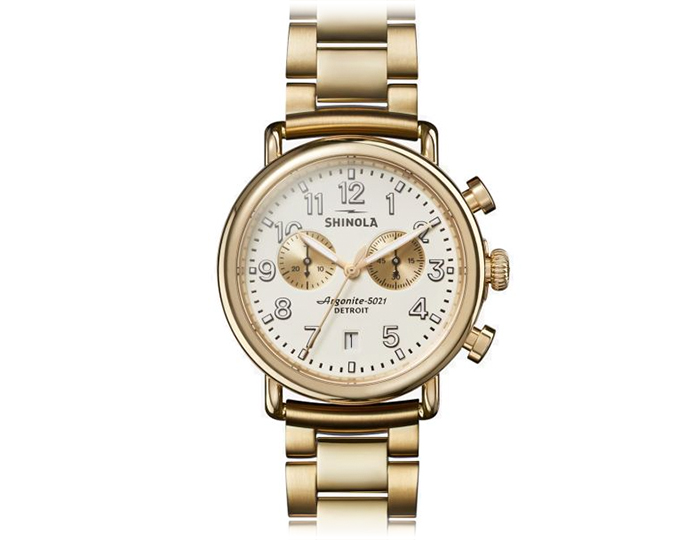 Shinola Runwell 41mm stainless steel PVD gold finish bracelet watch.