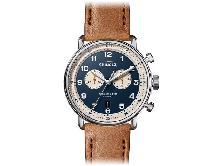 Shinola Canfield 43mm stainless steel brown leather strap watch.