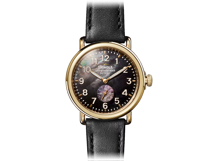 Shinola Runwell 41mm stainless steel black leather strap watch.