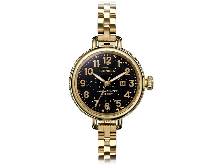 Shinola Birdy 34mm gold plated stainless steel bracelet strap watch.