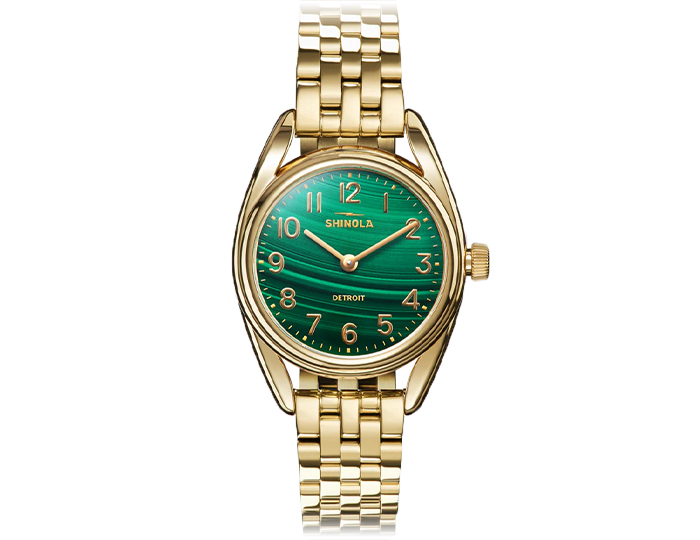 Shinola Derby malachite 30.5mm gold plated bracelet strap watch.