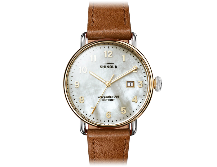Shinola Canfield 38mm tan leather strap watch.
