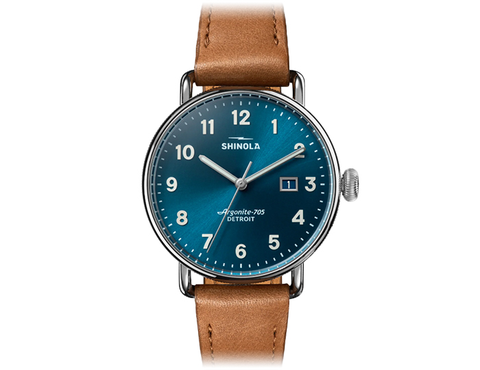 Shinola Canfield 38mm tan leather strap watch.