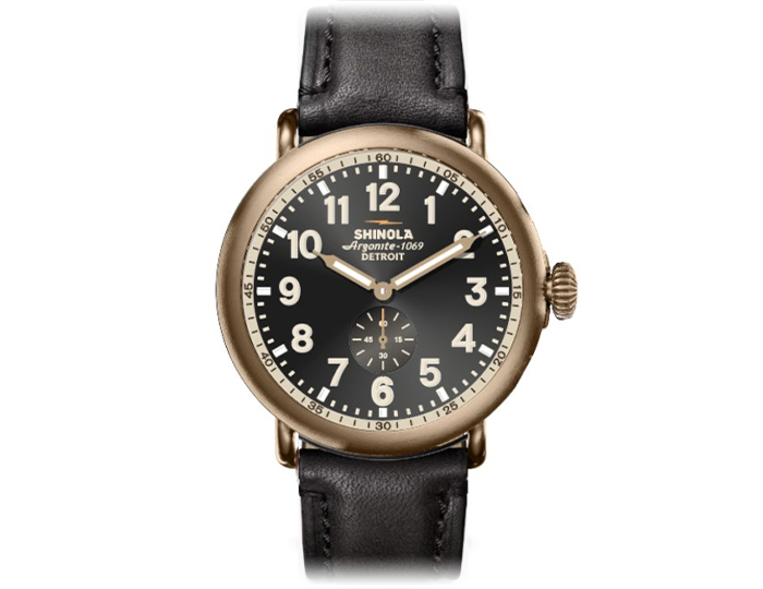 Shinola Bronze Runwell 43mm black leather strap watch.