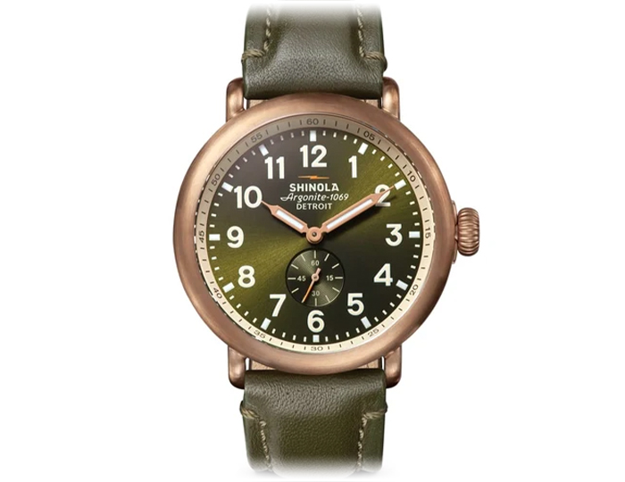 Shinola Bronze Runwell 43mm dark olive leather strap watch.