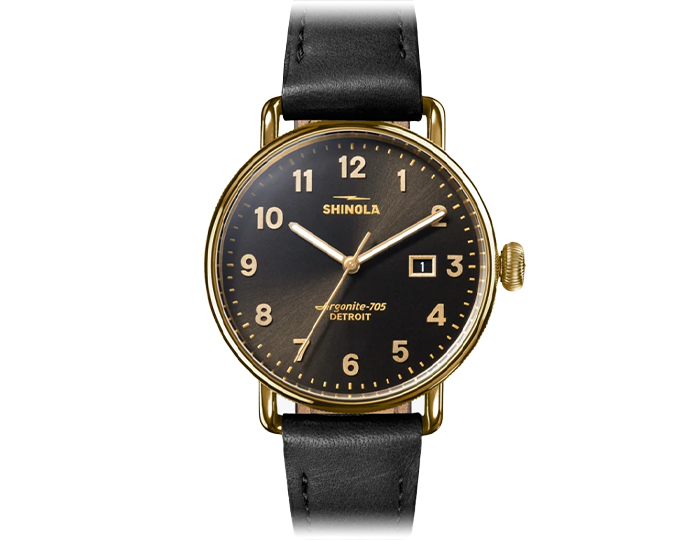 Shinola Canfield 38mm black leather strap watch.