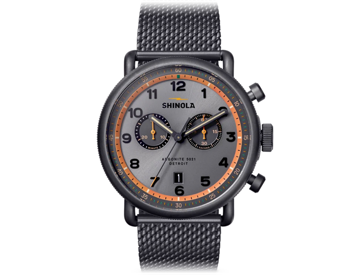 Shinola Canfield 43mm stainless steel bracelet strap watch.