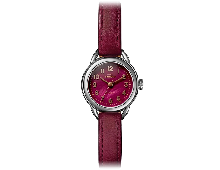 Shinola Runabout 25mm ruby leather strap watch.