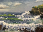 oil painting of ocean waves crashing on a rocky shore