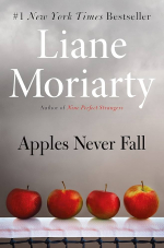 Book cover of Apples Never Fall featuring four apples set against a gray foggy background.