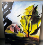 Painting of a tree with a red barn in the background