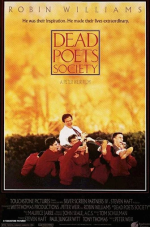 Dead Poets Society movie poster with a group of prep school boys carrying their teacher on their sho
