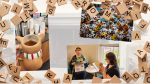 collage with scrabble tiles, puzzle pieces, coffee mug and two people reading