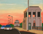 painting of cars on a bridge at sunset