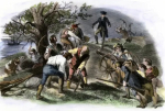 old illustration of a battle with cannons and men dressed in Revolutionary attire