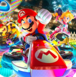 Nintendo character and icon Mario celebrates winning a race, in front of a spectacular cosmic scene 