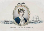 historic painting with the portrait of a captain and two ships on the ocean behind him