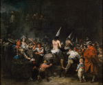 a painting of victims of the Spanish Inquisition wearing conical dunce caps while paraded through a