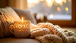 lit cream colored candle next to a blanket