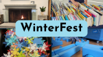 WinterFest collage with lit fireplace, paper snowflakes, books, and a child playing with big blocks