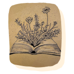 Image of a line drawing of an open book with flowers coming out of the center for an Adult Art Class