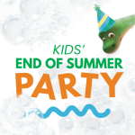 dino with party hat on looking at words kids end of summer party with bubbles in the background