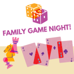 Purple, red, and orange Family Game Night logo with chess pieces, playing cards, and dice.