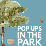 tree with park bench underneath, bird, and butterfly with the words pop ups in the park