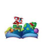 Open book with spaceship, mushroom, plants, globe popping up