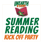 Illustrated image of a dinosaur holding up a red open book on it's back with text that reads "Summer