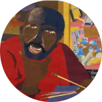 painting of a black man in a red shirt holding a pencil and notebook.